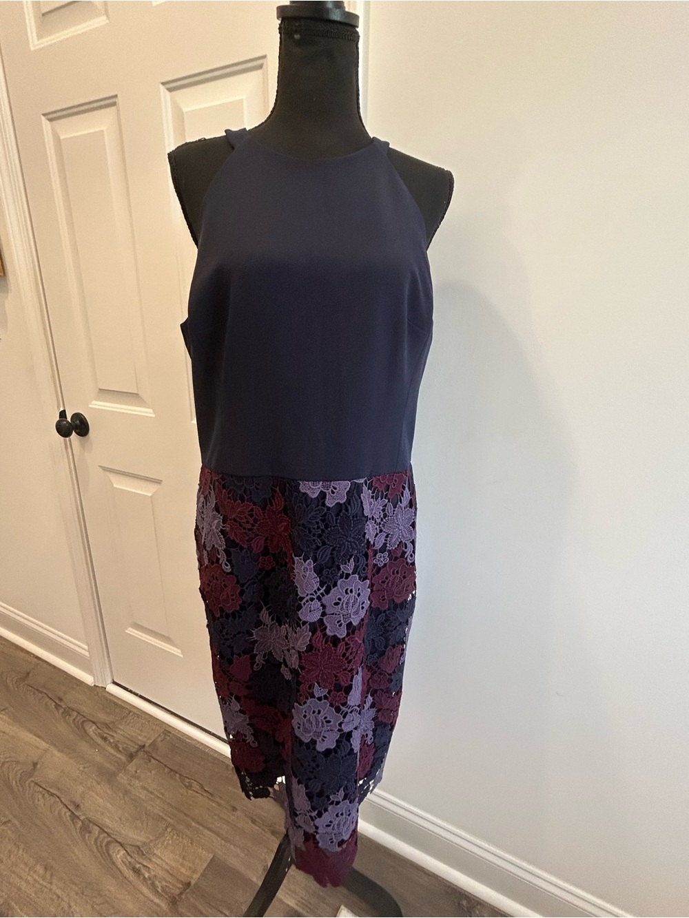 Maggy London Floral Lace Dress Size 14 Navy Burgundy Purple Halter